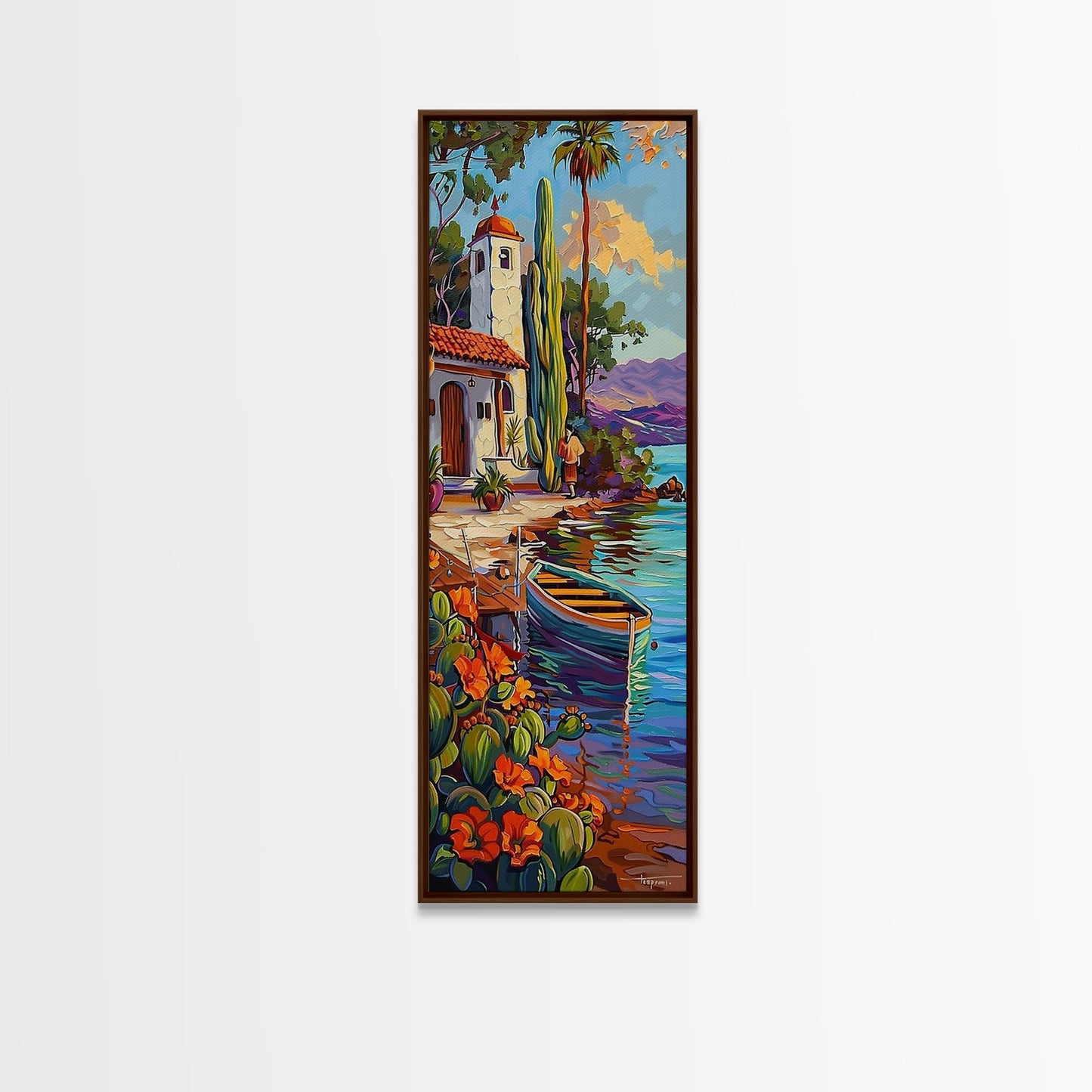 Gerahmtes Leinwandbild „Mittelmeerküste“, gerahmtes Wandbild fürs Wohnzimmer, zeitgenössische botanische Kunst, tropischer Kunstdruck auf Leinwand