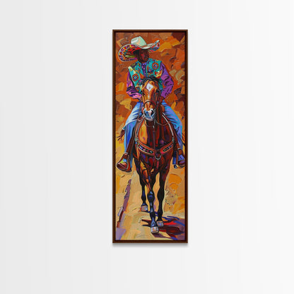 Vertical Acrylic Painting of Colorful Jalisco Cowboy Riding Horse Framed and Printed on Canvas, Mexican Inspired Wall Art for Living Room