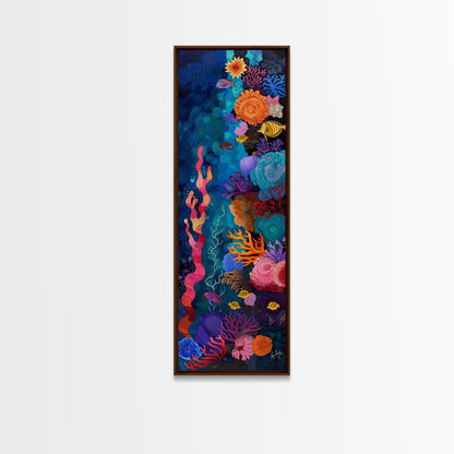 Colorful Underwater Art Print, Vibrant Wall Art Framed on Canvas, Black Light Poster, Fish Poster Art, Vertical Canvas Art, Living Room Art