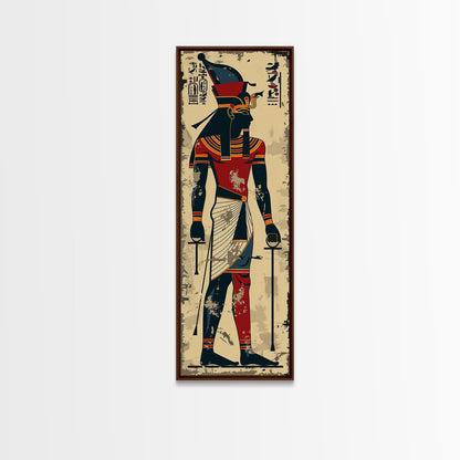 Egyptian Art Depiction of Horus - Framed Canvas Print, Midcentury Modern Wall Art, Skinny Art, Tall Art, Living Room Decor