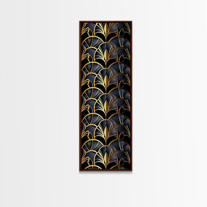 Gold Art Deco Pattern on Black Background - Framed Canvas Print, Midcentury Modern Art, Skinny Art, Tall Art, Living Room Wall Decor, Minimalist Art