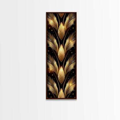 Gold Leaf Pattern on Black Background - Framed Canvas Print, Midcentury Modern Art, Skinny Art, Tall Art, Living Room Wall Decor, Minimalist Art