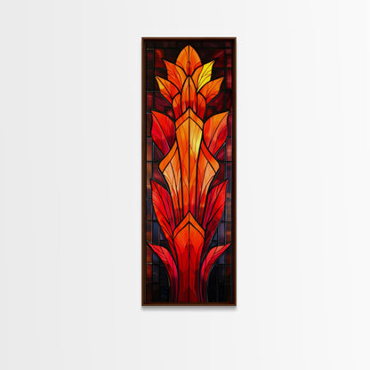 Red and Orange Floral Stained Glass Design - Framed Canvas Print, Midcentury Modern Art, Skinny Art, Tall Art, Living Room Wall Decor, Boho Art