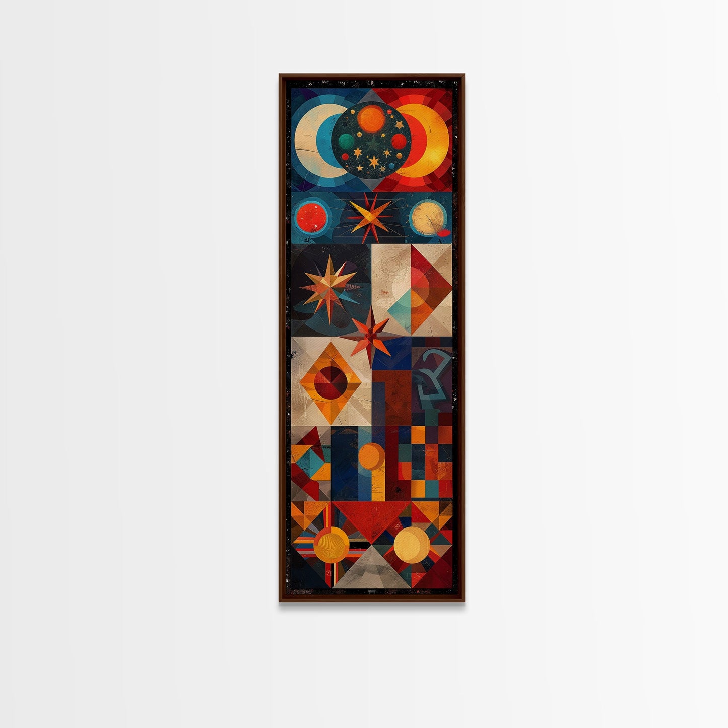 Geometric Cosmic Design in Red and Blue Tones - Framed Canvas Print, Midcentury Modern Art, Skinny Art, Tall Art, Living Room Wall Decor, Boho Art