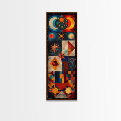 Geometric Cosmic Design in Red and Blue Tones - Framed Canvas Print, Midcentury Modern Art, Skinny Art, Tall Art, Living Room Wall Decor, Boho Art