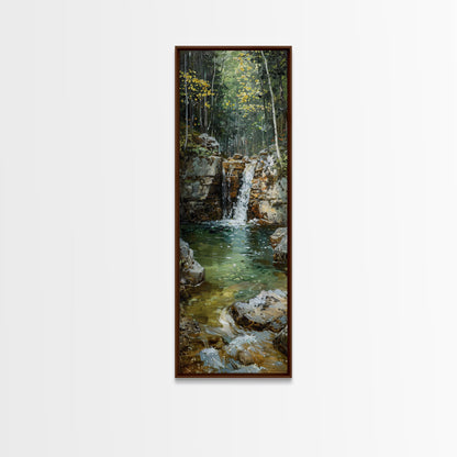 Framed Canvas Print Skinny Art of a Serene Waterfall Cascading into a Tranquil Pool in a Lush Forest Landscape, Perfect Tall Art for Nature Lovers