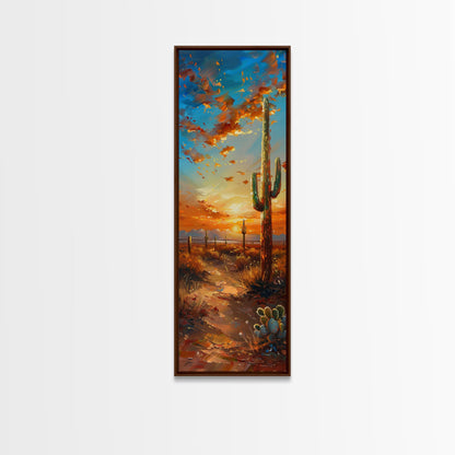 Arizona Desert Landscape with Saguaro Cactus at Sunset on a Framed Canvas Print Skinny Art Piece