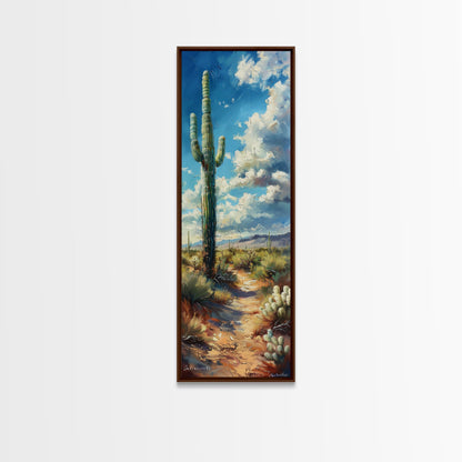 Iconic Saguaro Cactus in a Desert Landscape Under a Bright Blue Sky on a Framed Canvas Print Tall Art Piece