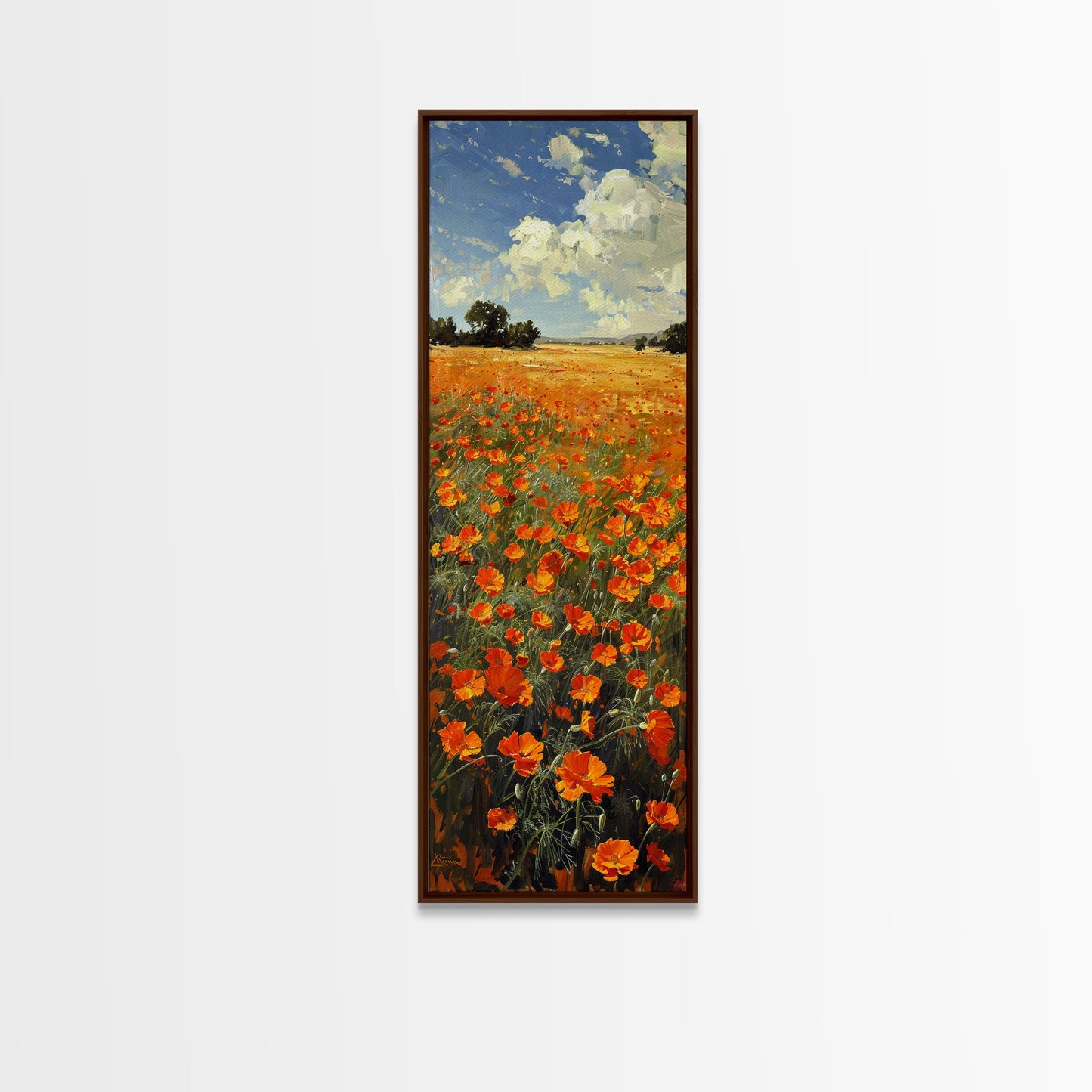 Expansive Poppy Field Under a Bright Blue Sky on a Framed Canvas Print Skinny Art Piece