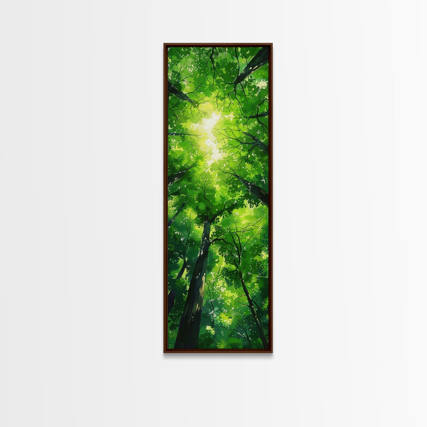 Lush Green Forest Canopy View as Tall Skinny Art Framed Canvas Print for Relaxing Wall Decor in Homes or Offices