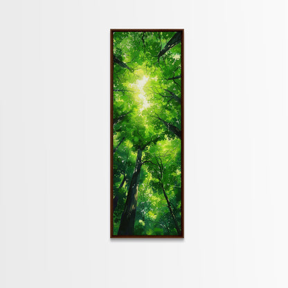 Lush Green Forest Canopy View as Tall Skinny Art Framed Canvas Print for Relaxing Wall Decor in Homes or Offices