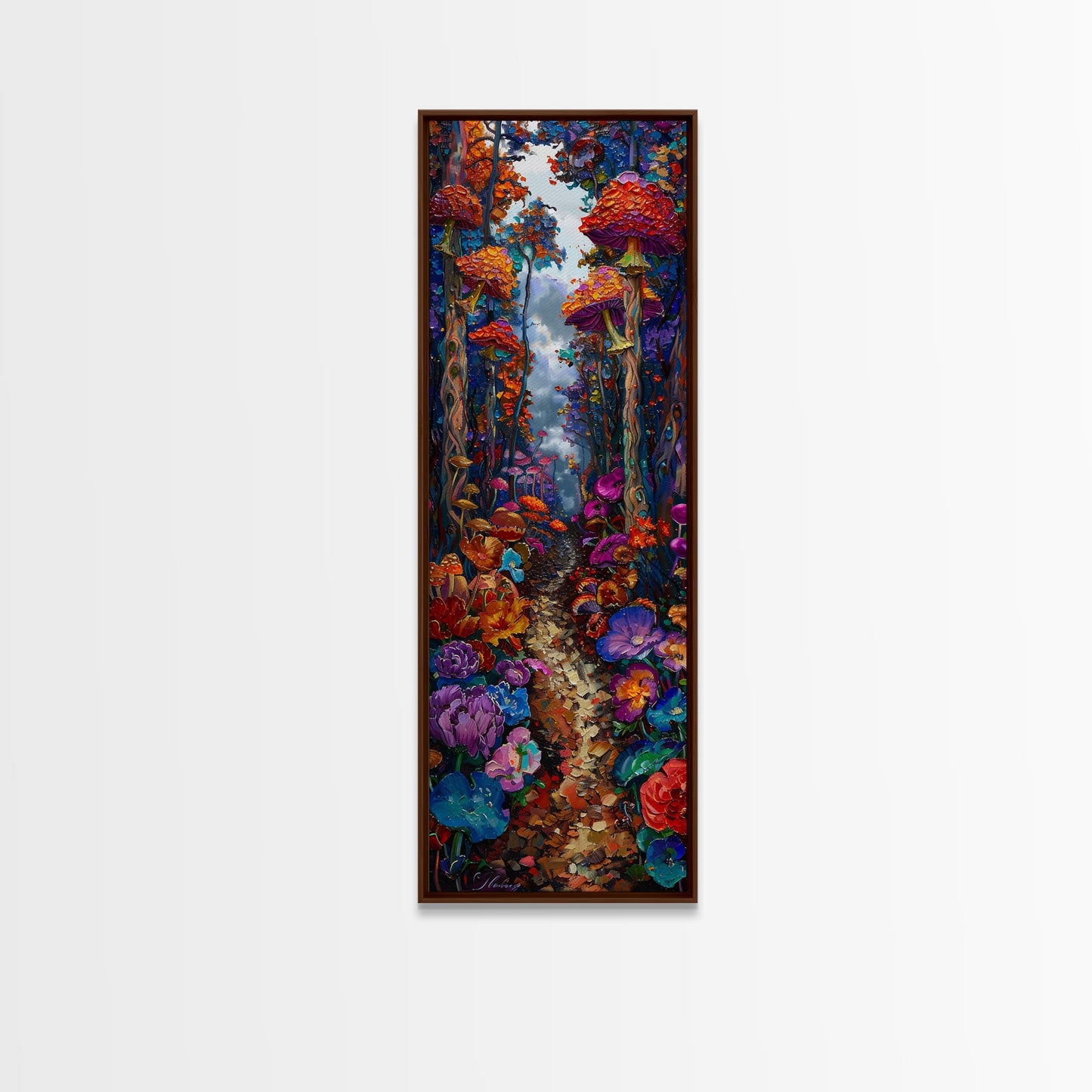 Fantasy Forest Pathway with Giant Mushrooms as Tall Skinny Art Framed Canvas Print for Whimsical Wall Decor in Unique Spaces
