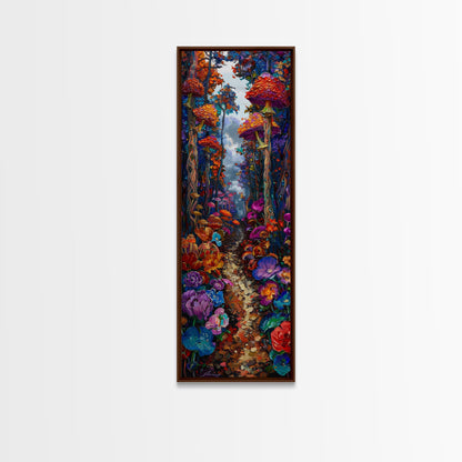 Fantasy Forest Pathway with Giant Mushrooms as Tall Skinny Art Framed Canvas Print for Whimsical Wall Decor in Unique Spaces