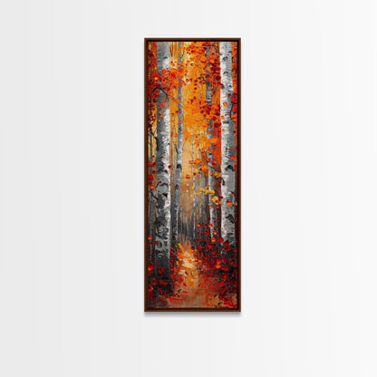 Fall Birch Tree Forest, Framed Canvas Print, Skinny / Tall Wall Art, Living Room Decor, Landscape Painting, Nature Decor