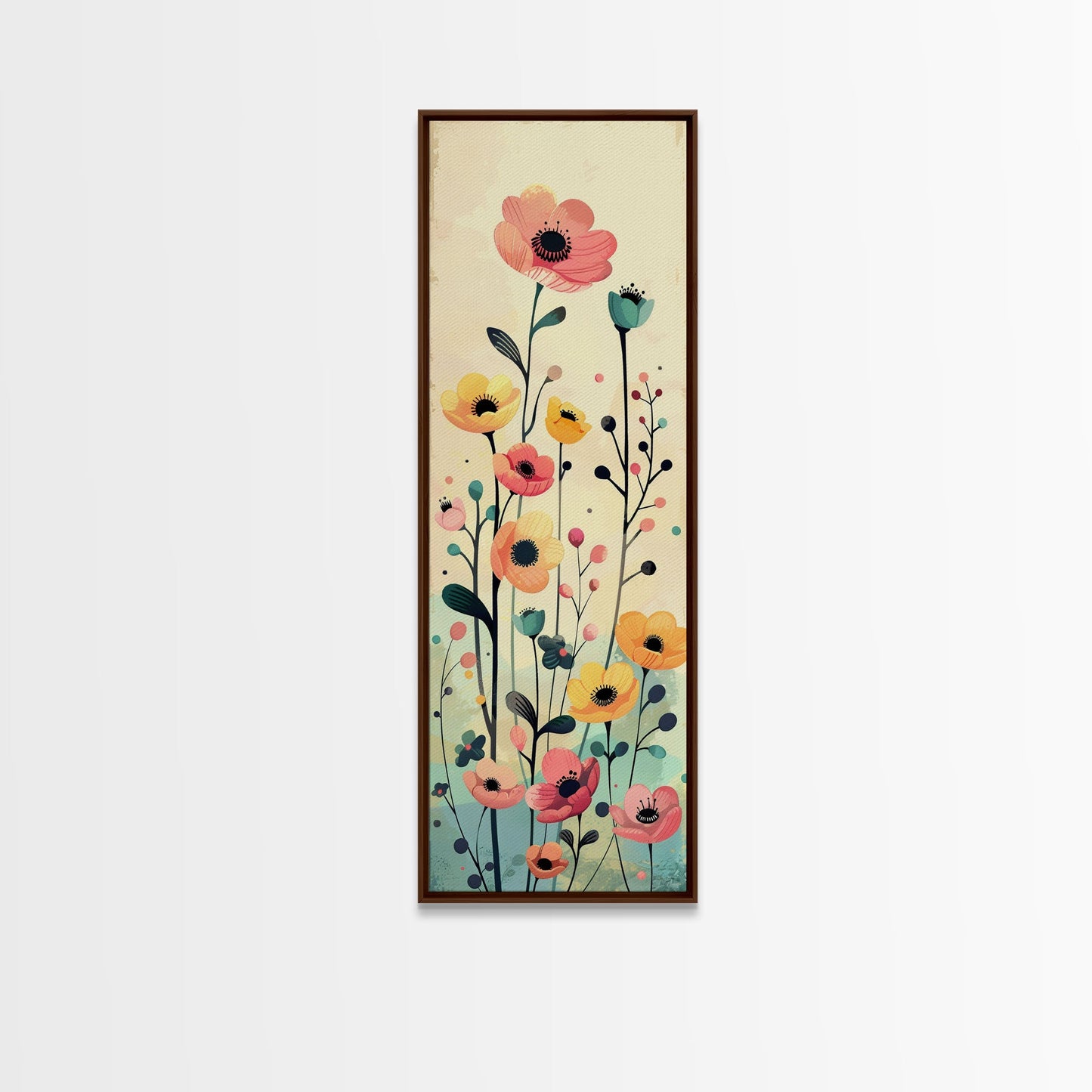 Bright Field of Wildflowers Skinny Art Tall Art Japanese Ukiyo-e Inspired Floral Print Framed Canvas Wall Art