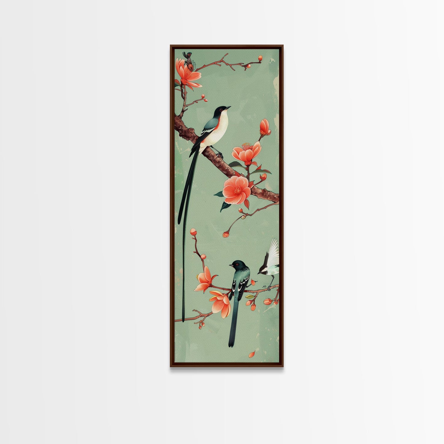 Elegant Birds on Branches Skinny Art Tall Art Japanese Ukiyo-e Inspired Bird and Nature Framed Canvas Print