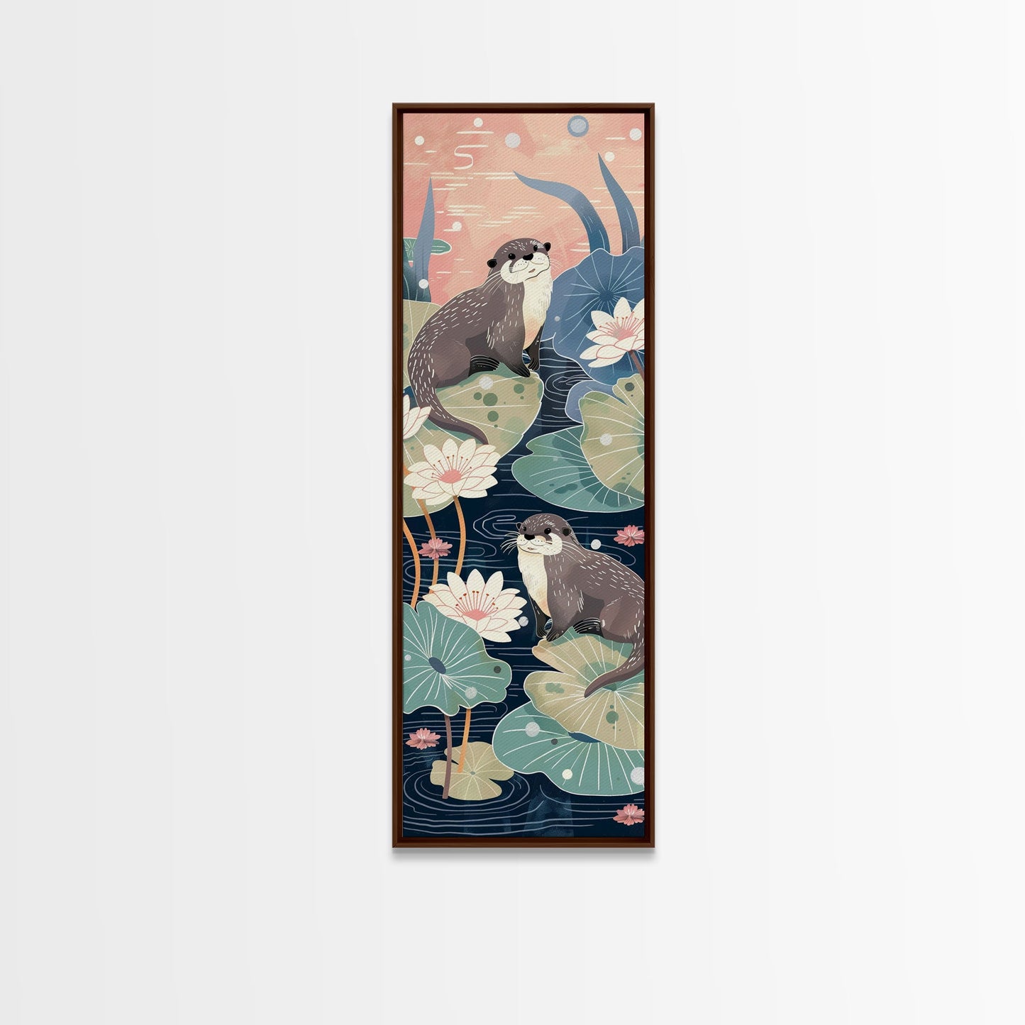 Playful Otters Amidst Lily Pads on Japanese-Inspired Tall Vertical Canvas Print Perfect for Nature-Inspired Wall Decor