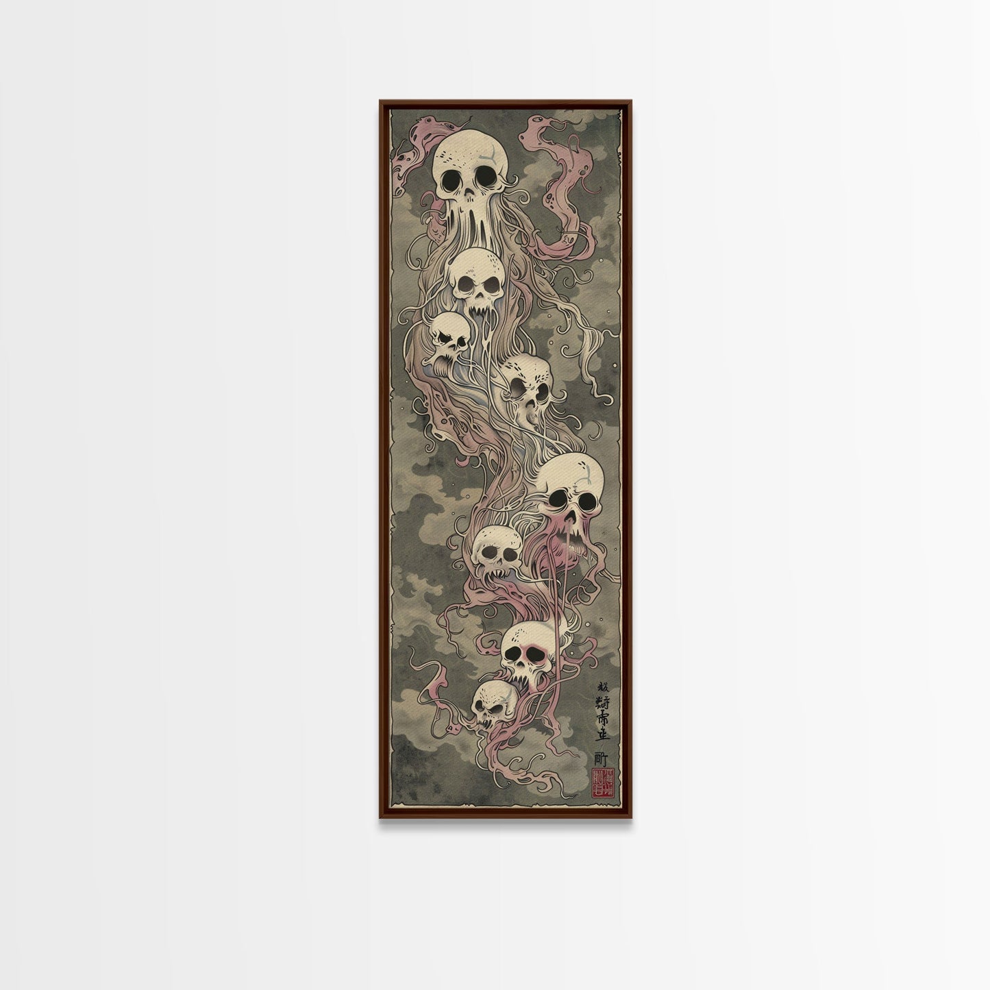 Hauntingly Beautiful Floating Skulls on Tall Vertical Canvas Print Featuring Japanese Ghostly Art in Eerie Style