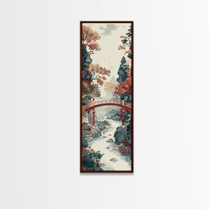 Traditional Japanese Skinny Art of Autumn Bridge in Serene Landscape with Fall Foliage – Framed Canvas Print