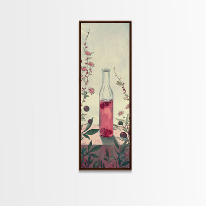 Skinny Art of Still Life with Elegant Glass Bottle and Floral Accents – Japanese-Inspired Framed Canvas Print