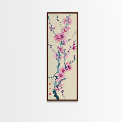 Plum Blossom Branch in Japanese Skinny Art with Delicate Pink Flowers – Framed Canvas Print