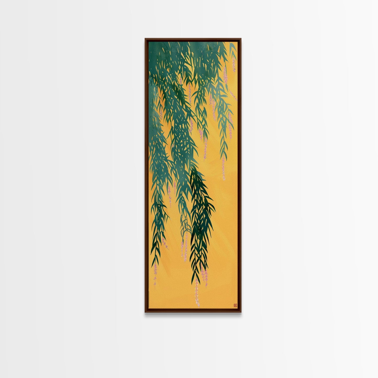 Japanese Skinny Art of Wisteria Hanging Over a Golden Background – Framed Canvas Print