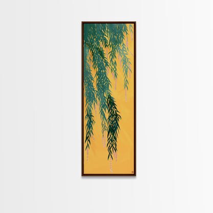Japanese Skinny Art of Wisteria Hanging Over a Golden Background – Framed Canvas Print