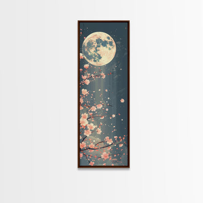 Full Moon with Cherry Blossom Ukiyo-e Art, Framed Canvas Print Perfect for Skinny and Tall Spaces, Japanese Style Art