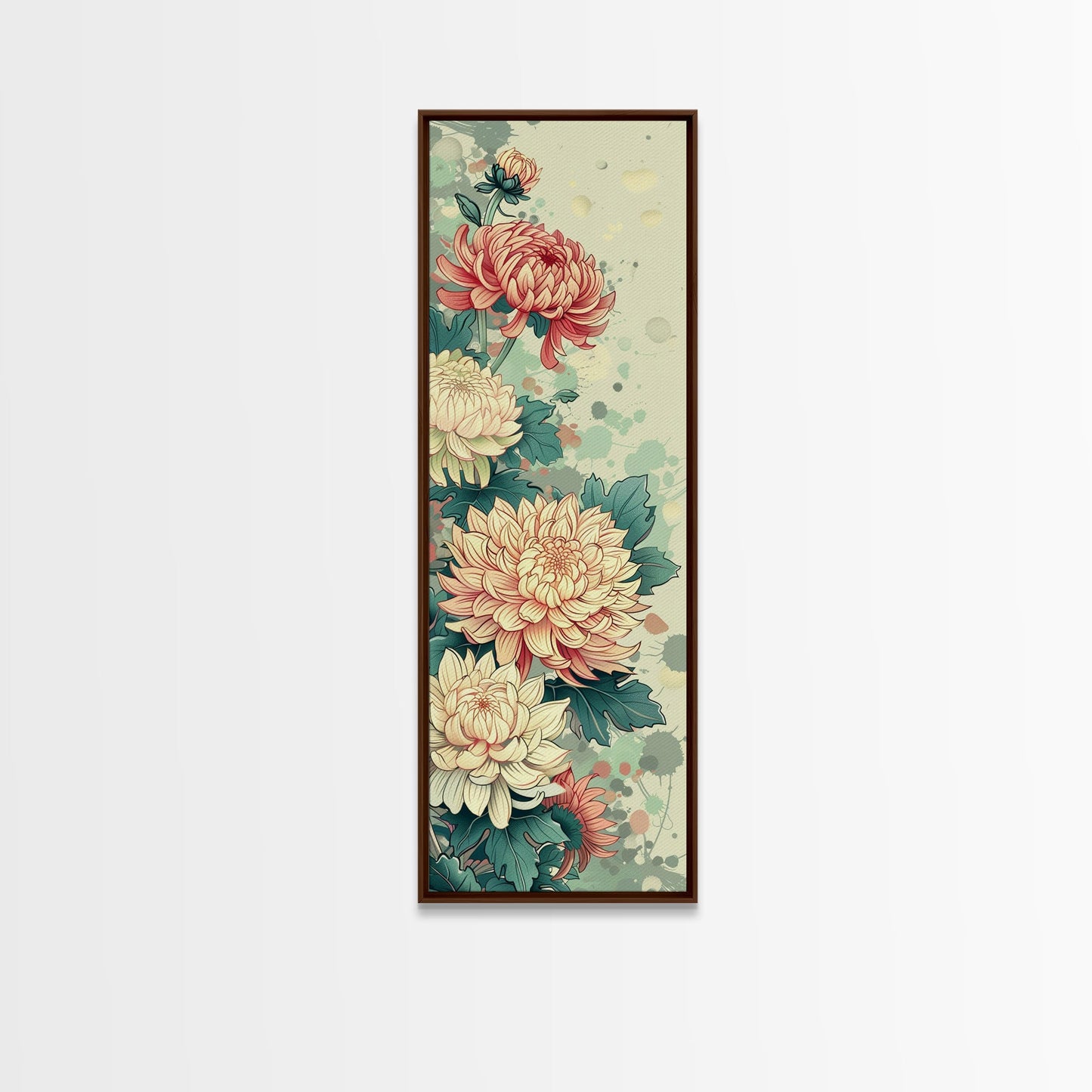 Chrysanthemums in Traditional Japanese Art, Ukiyo-e Style Framed Canvas Print Perfect for Tall and Skinny Spaces