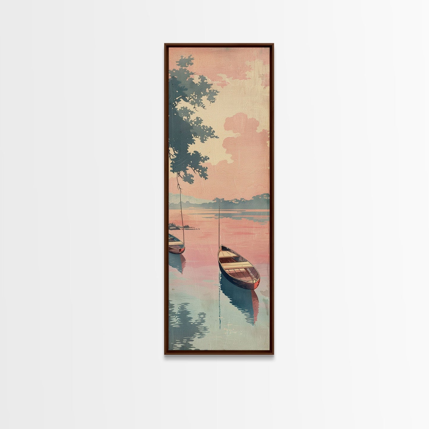 Serene Boat on Water, Autumn Trees, Japanese Art, Skinny Art, Tall Art, Framed Canvas Print, Ukiyo-e Style