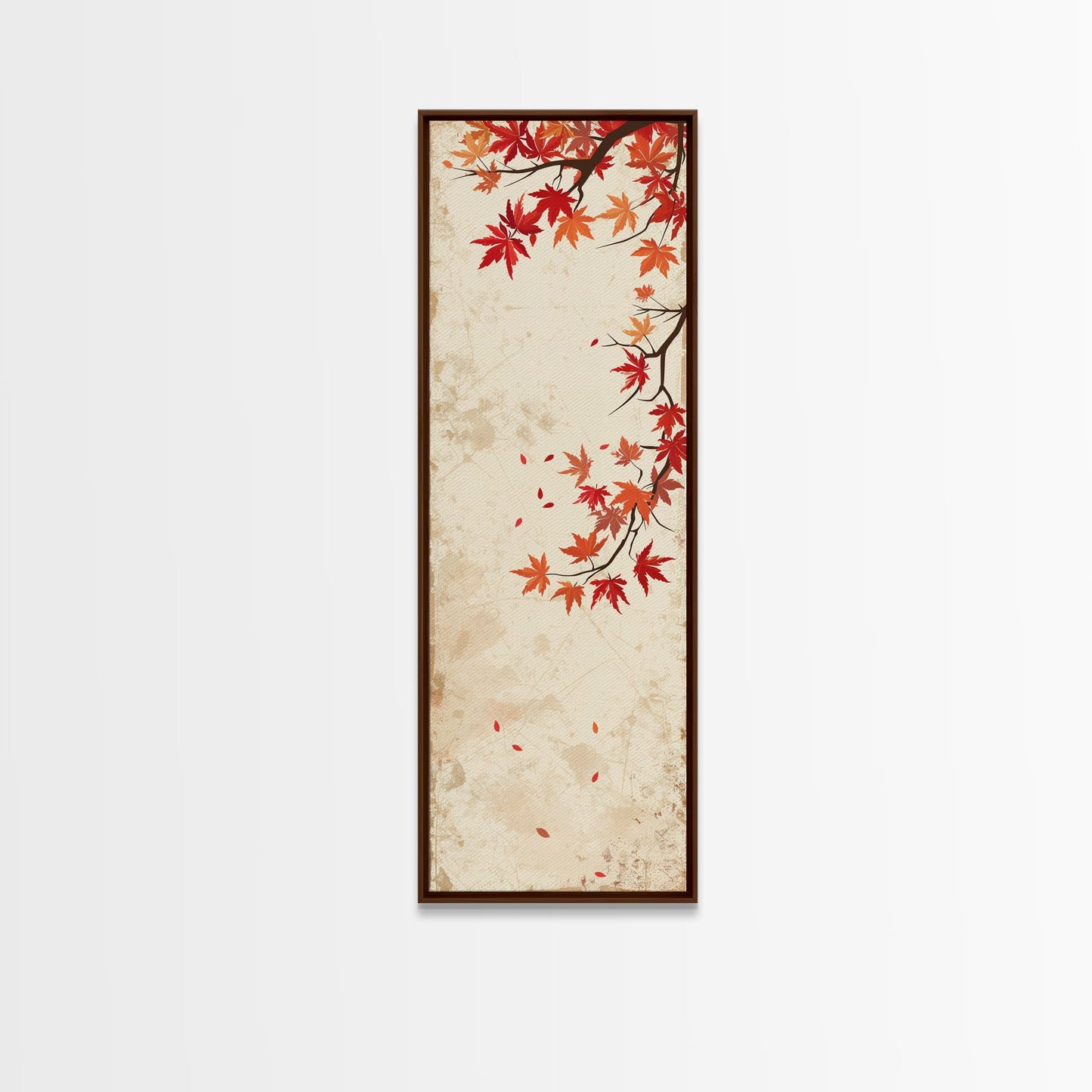 Skinny Art Maple Branch In Japanese Style Wood Block Print Autumn Leaves On Framed Canvas Print, Tall Art Ukiyo-e