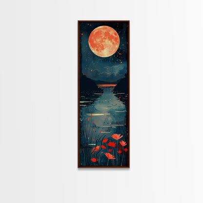 Skinny Art Full Moon Over Lake In Japanese Style Wood Block Print Vibrant Night Scene On Framed Canvas Print, Tall Art Ukiyo-e