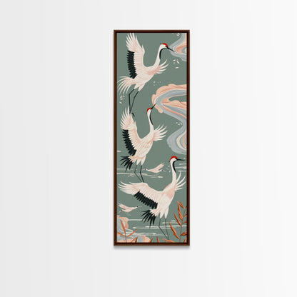 Cranes In Flight Framed Canvas Print, Traditional Japanese Art With Soft Colors And Detailed Wings, Wall Art Ready To Hang