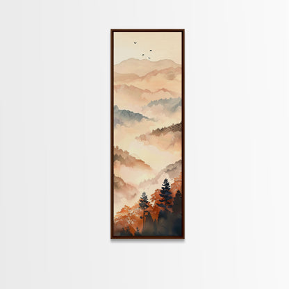 Skinny Art Tall Art Framed Canvas Print Layers Of Misty Mountains In Soft Warm Hues Ukiyo-e Japanese Style Art Wood Block Print