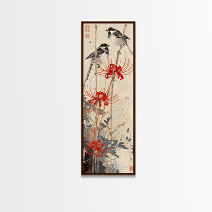 Blossoming Pink Flowers Bold Red Accents Skinny Art Tall Art Framed Canvas Print Japanese Style Art Ukiyo-e Art Wood Block Print Feminine