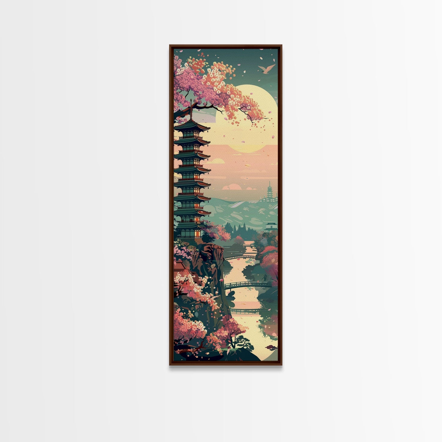 Japanese Pagoda Among Sakura Trees Under Yellow Moon Tall Art Skinny Art Framed Canvas Print Japanese Style Art Ukiyo-e Wood Block Print