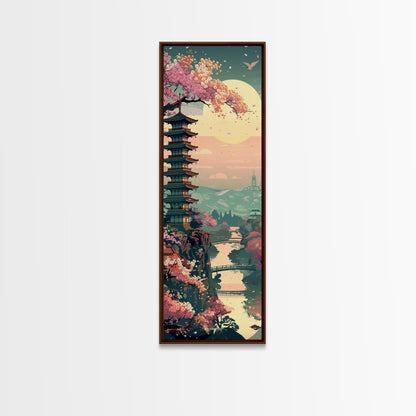 Japanese Pagoda Among Sakura Trees Under Yellow Moon Tall Art Skinny Art Framed Canvas Print Japanese Style Art Ukiyo-e Wood Block Print