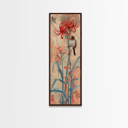 Bird Perched On Bright Red Lily Flower Skinny Art Tall Art Framed Canvas Print Japanese Style Art Ukiyo-e Art Wood Block Print Floral Detailed