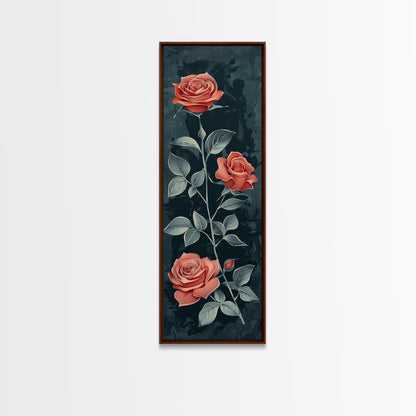 Deep Red Roses With Dark Green Foliage Skinny Art Tall Art Framed Canvas Print Japanese Style Art Ukiyo-e Art Wood Block Print Elegant Floral