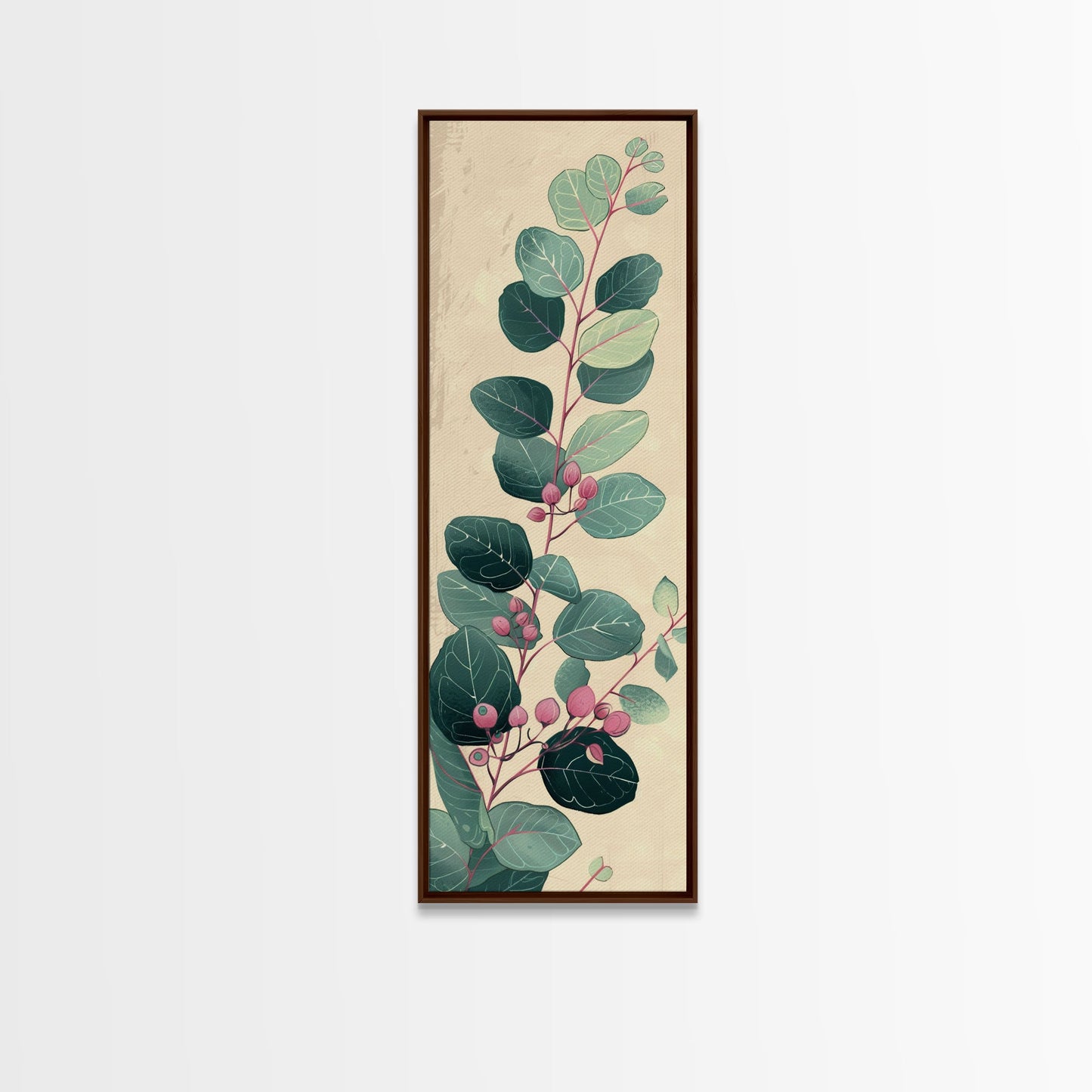 Delicate Green Leaves And Pink Buds On A Branch Against A Textured Background, Skinny Art Tall Wall Art Framed Canvas Print Japanese Style Art
