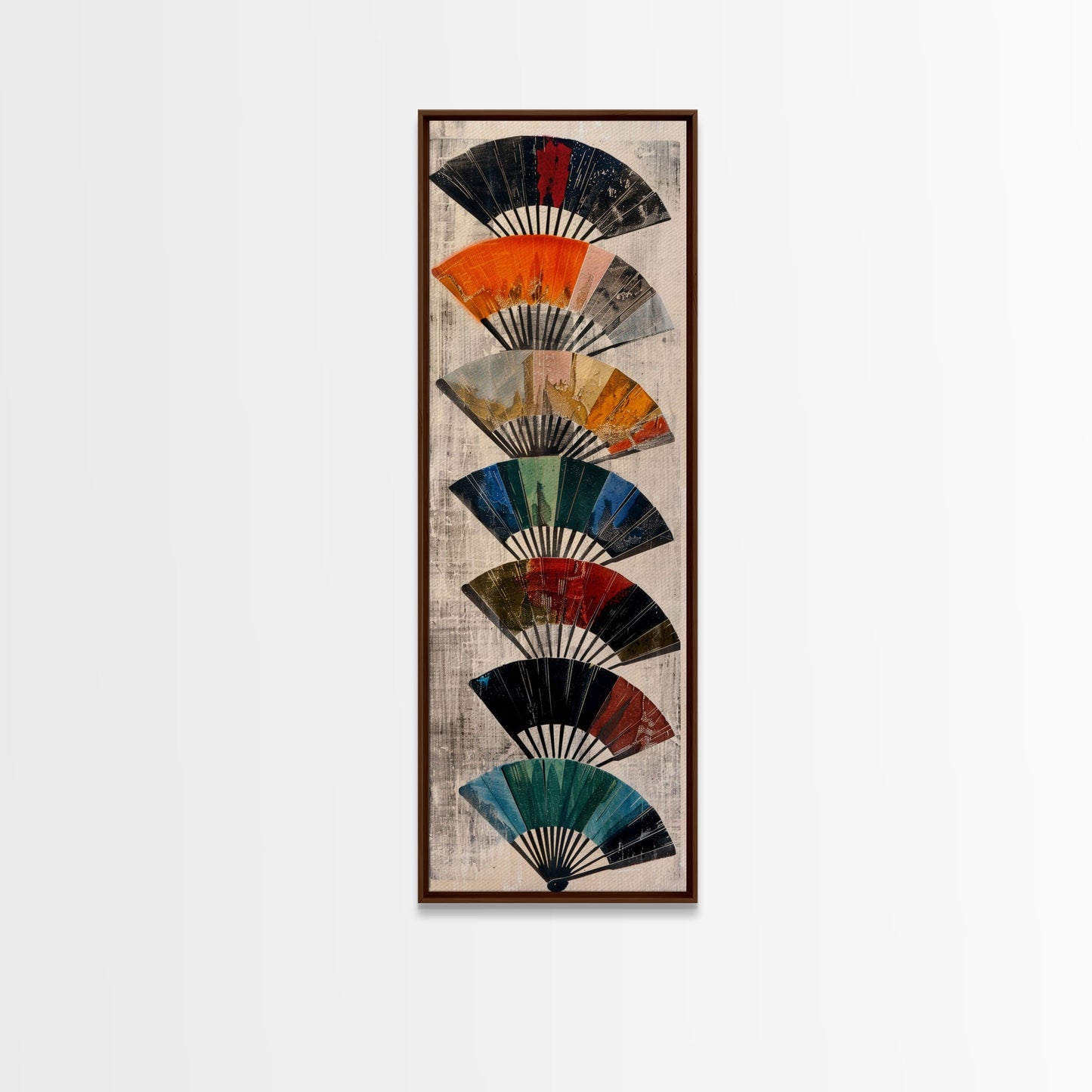 Seven Japanese Fans In Various Colors Arranged Vertically On A Textured Background, Skinny Art Tall Wall Art Framed Canvas Print Japanese Style Art