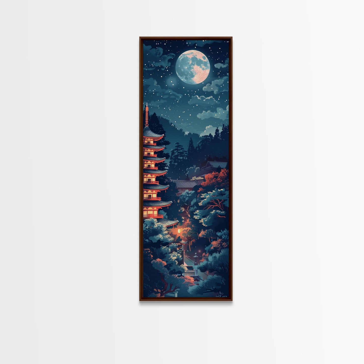 Peaceful Japanese Temple And Pagoda Under A Full Moon, Skinny Art Tall Wall Art Framed Canvas Print Japanese Style Art