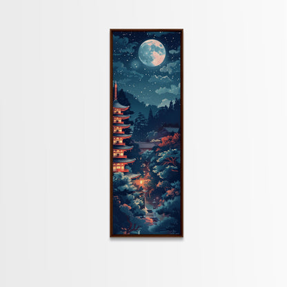 Peaceful Japanese Temple And Pagoda Under A Full Moon, Skinny Art Tall Wall Art Framed Canvas Print Japanese Style Art