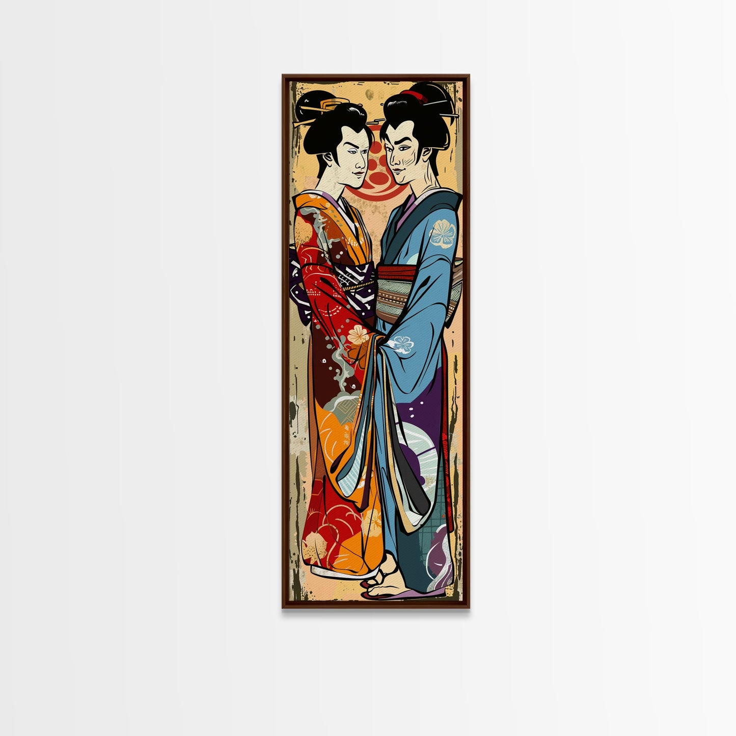 Japanisches Paar im traditionellen Kimono, Hochformatiger, schlanker, gerahmter Leinwanddruck für die Wand