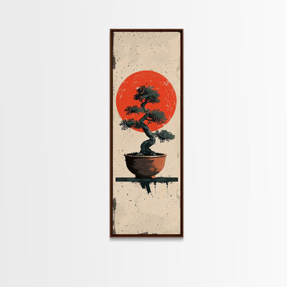 Canvas Print Bonsai Tree Silhouette Against Red Sun, Minimalistic Japanese Style Art For Modern Home, Wall Decoration