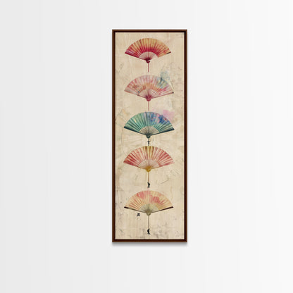 Japanese Folding Fans Cultural Art On Framed Canvas Print In Ukiyo-e Style Tall Skinny Traditional Wood Block Wall Decor