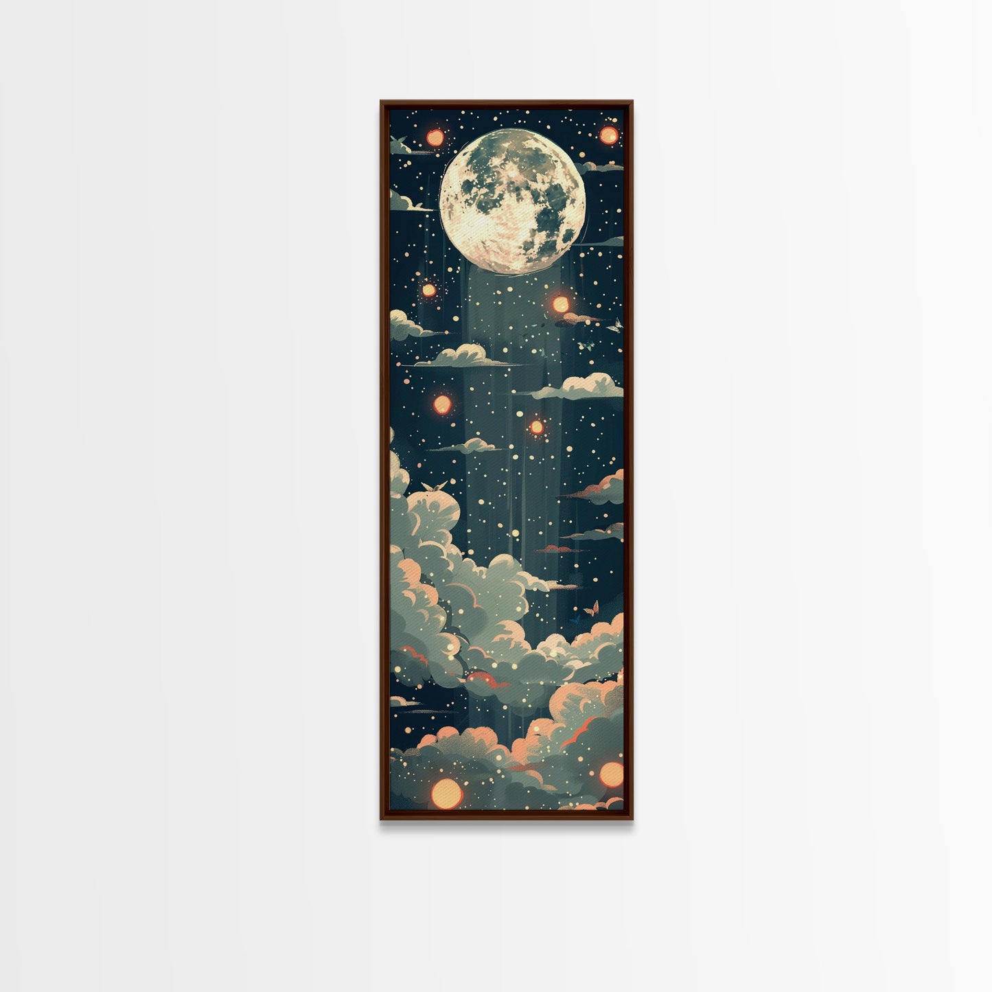 Moonlit Night With Japanese Lanterns Art On Framed Canvas Print In Ukiyo-e Style Tall Skinny Ethereal Wood Block Wall Decor