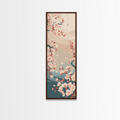 Cherry Blossom Branches Pale Background Japanese Style Tall Skinny Framed Canvas Print Wall Art