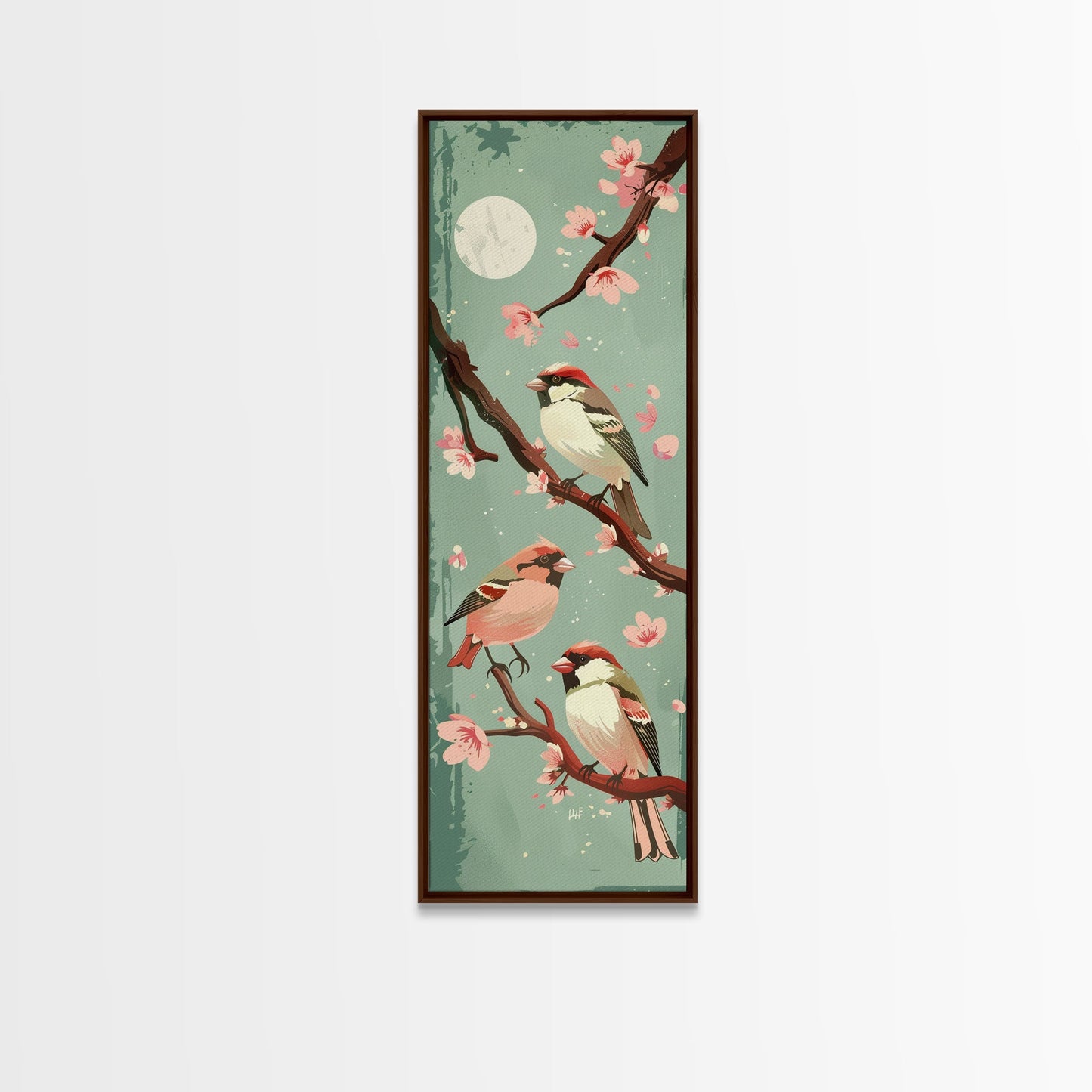 Delicate Sparrows Perched On Cherry Blossoms Under Full Moon Serene Nighttime Setting Captured Tall Framed Canvas Print Nature Scene