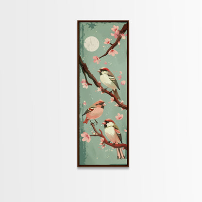 Delicate Sparrows Perched On Cherry Blossoms Under Full Moon Serene Nighttime Setting Captured Tall Framed Canvas Print Nature Scene